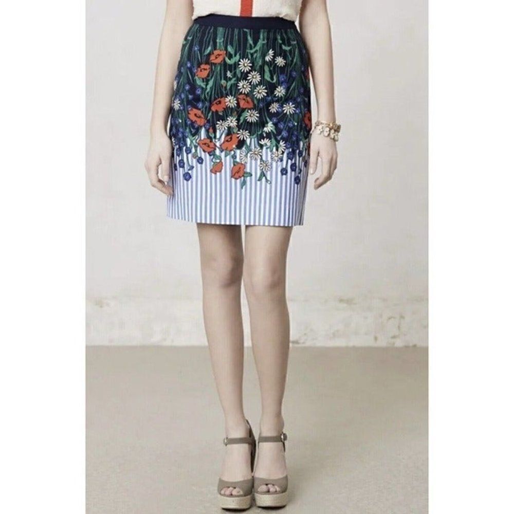 Anthropologie Postmark Size 4 Pencil Skirt Floral Vertical Garden Striped Print